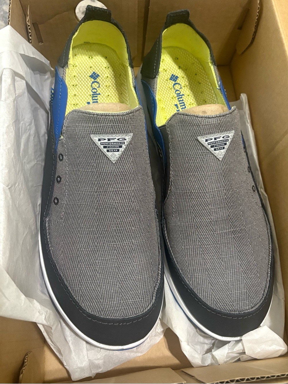 Columbia Gray and Blue Slip-On Loafers with Neon Yellow Insoles